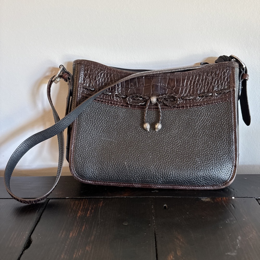 BRIGHTON Black/Brown Leather‎ Croc Shoulder Bag. Pre- owned
